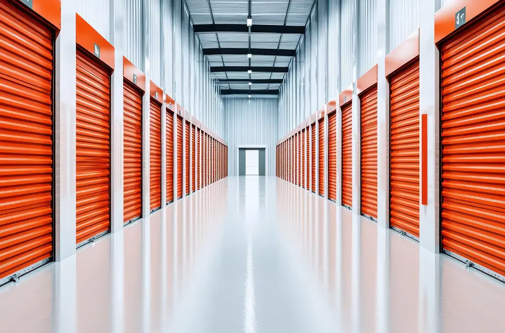 a storage facility with orange shutters